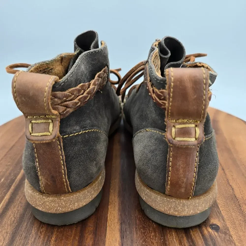 Born Temple Boots Womens 7M Gray Brown Suede Leather Braid Lace Up Ankle Booties